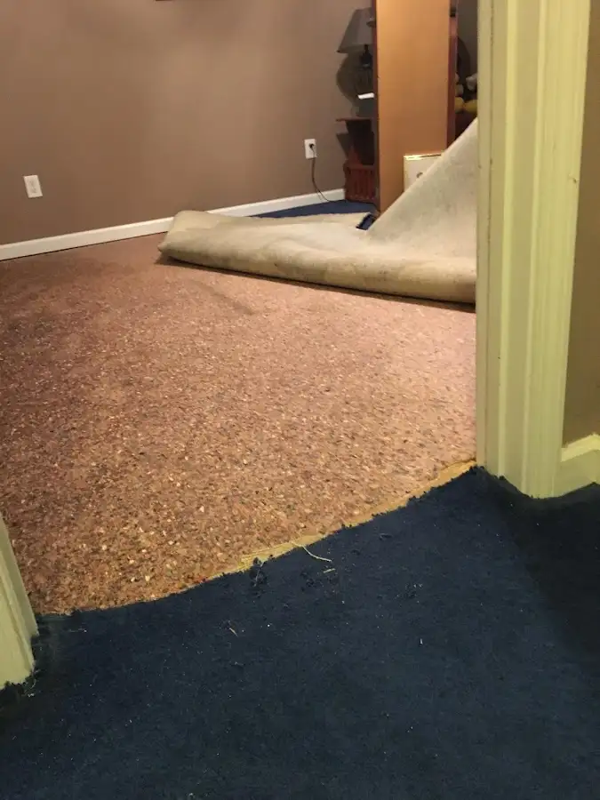 Carpet pad removal revealing water damage during Water Mitigation Services in Schoolcraft